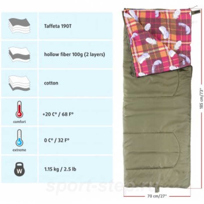 Спальный мешок БАТЫР СО-2 (185*70) зелёный (холлофайбер) Helios