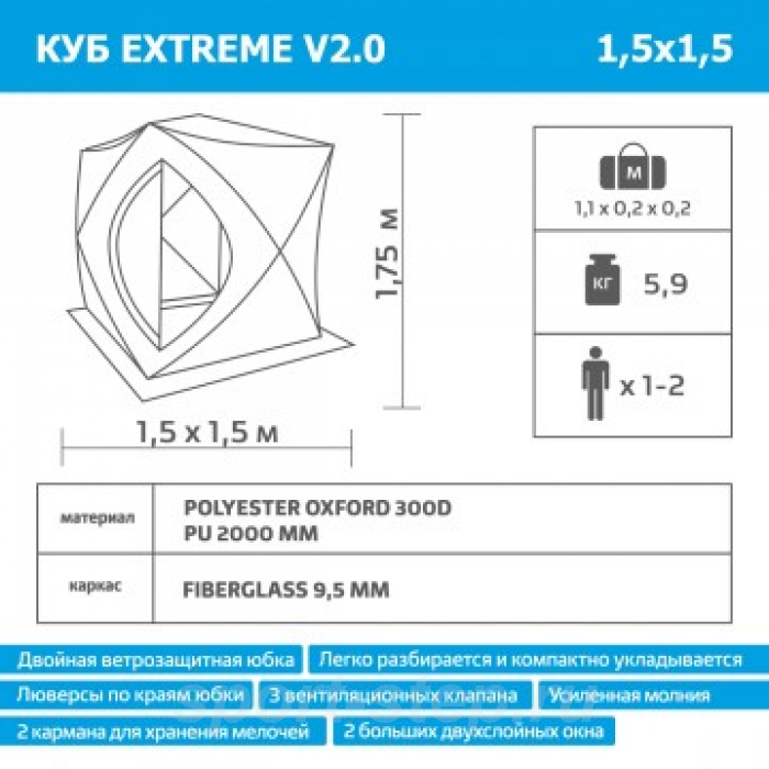 Палатка зимняя Куб EXTREME 1,5 х 1,5 Helios V2.0 (широкий вход) ТОНАР