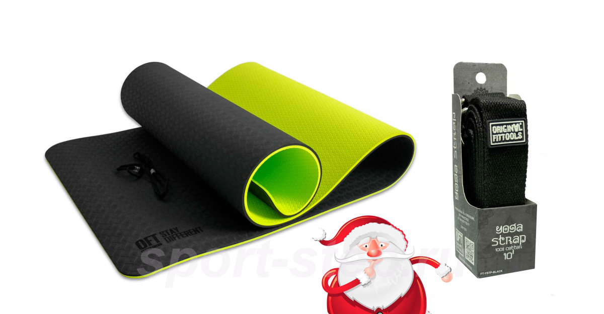 Коврик для йоги 10 мм двухслойный черно-зеленый + ремешок для йоги