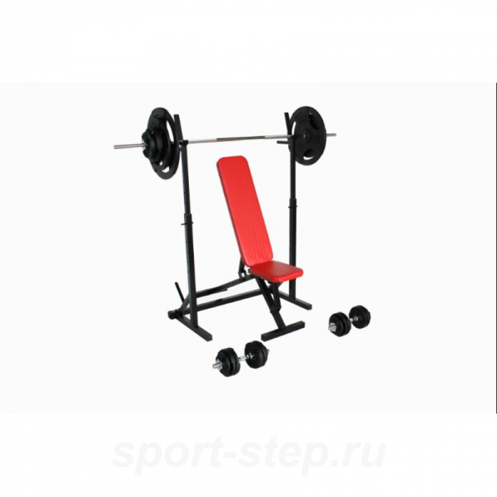 Комплект скамья и стойка серии Start St-01 + St-03 с комплектом штанги с гантелями РЕКОРD 65 кг