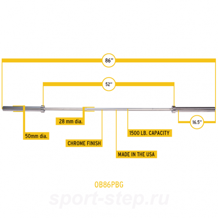 Гриф олимпийский прямой 86", до 679 кг, хромированный (класс-GOLD) OB86PBG