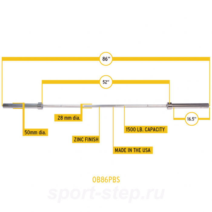 Гриф олимпийский прямой 86", до 679 кг, хромированный (класс-SILVER) OB86PBS