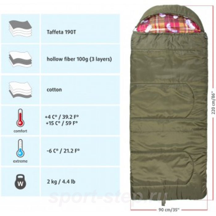 Спальный мешок БАТЫР XXL СОШ-3 (220*90) зелёный (холлофайбер) Helios