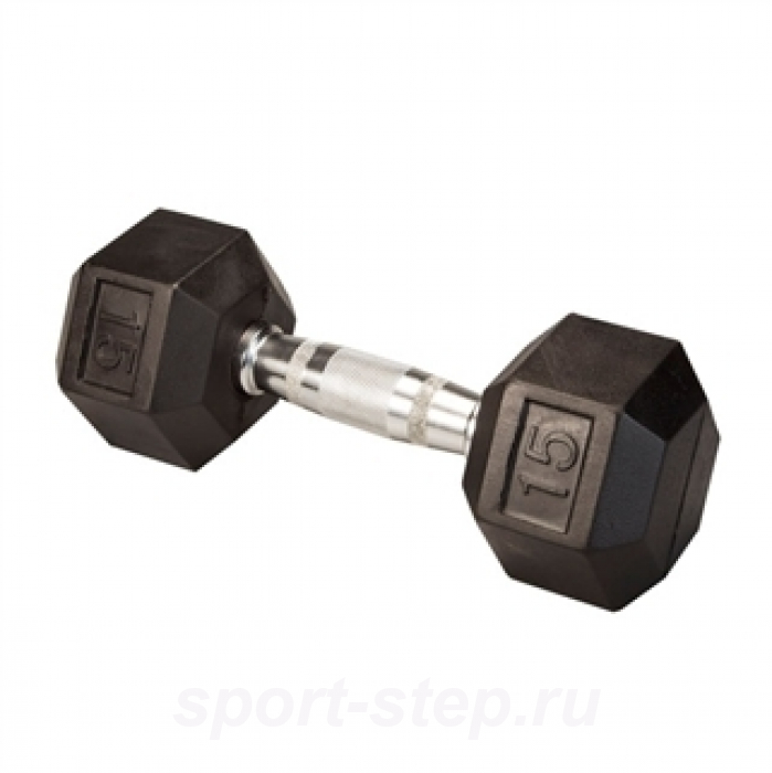 Гантель гексагональная обрезиненная, хромированная ручка, 15 кг BodySolid SDRK15