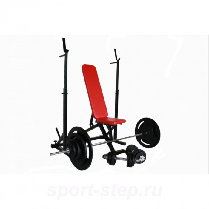 Комплект скамья и стойка серии Start St-01 + St-03 с комплектом штанги с гантелями РЕКОРD 65 кг